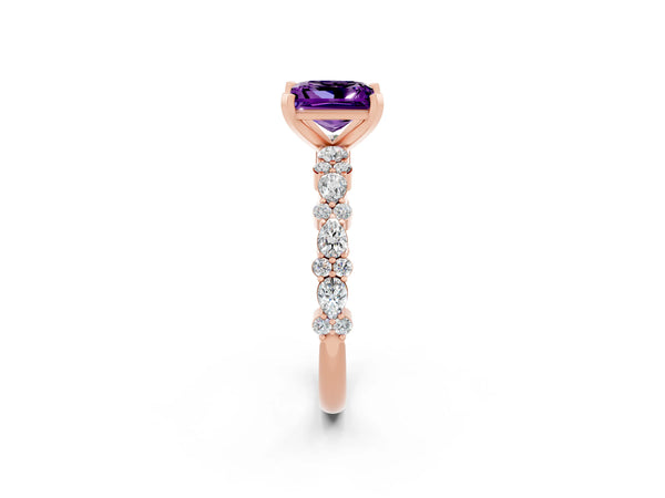 Rose gold Princess Cut Amethyst Side Stone Solitaire Ring with Round  and Four-Prong Setting