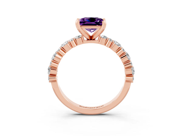 Rose gold Princess Cut Amethyst Side Stone Solitaire Ring with Round  and Four-Prong Setting
