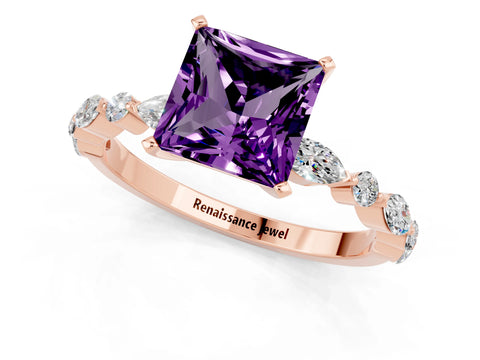 Rose gold Princess Cut Amethyst Solitaire with Side Stones on a Pavé Band and Four-Prong Setting_1