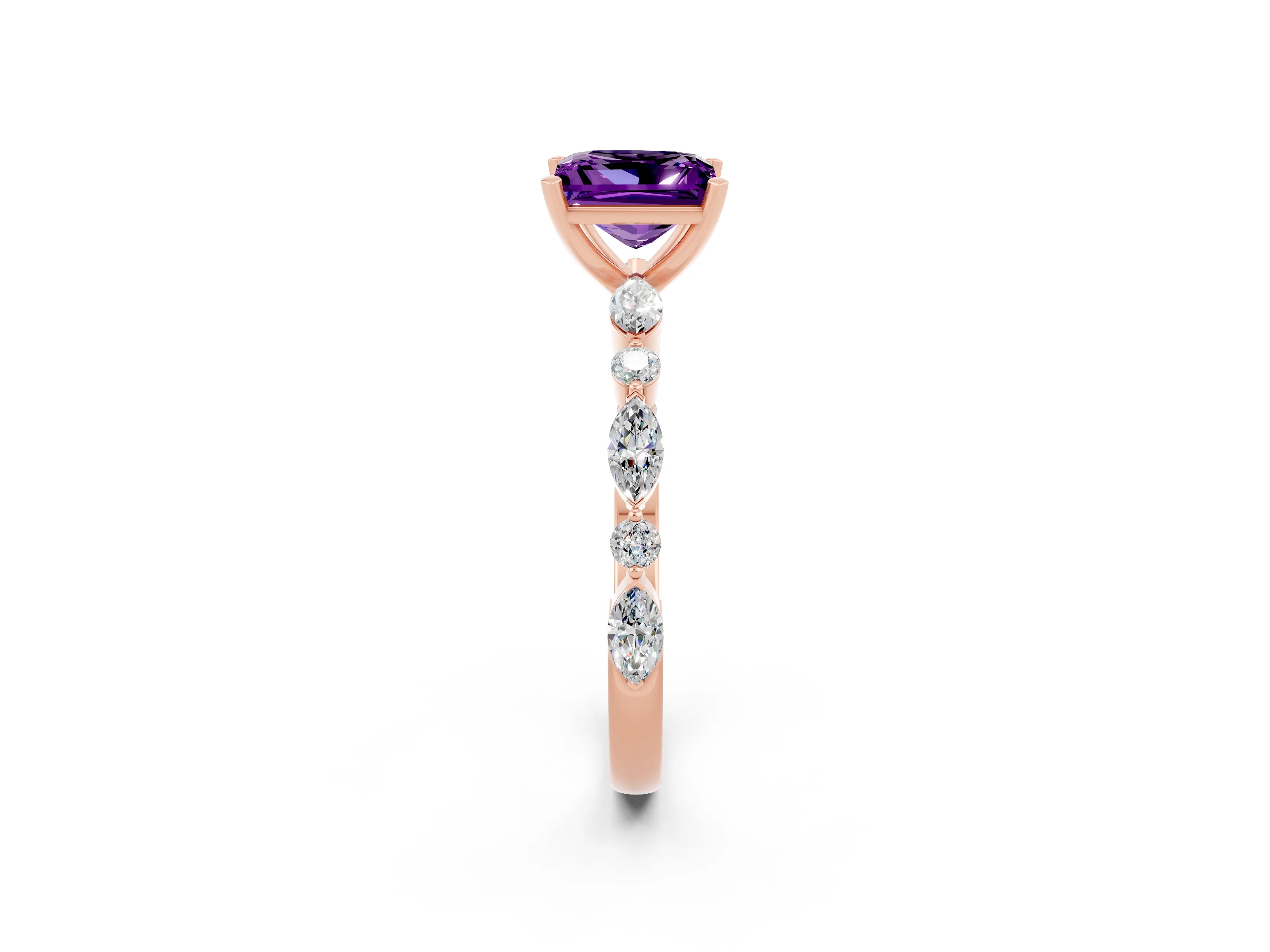 Rose gold Princess Cut Amethyst Solitaire with Side Stones on a Pavé Band and Four-Prong Setting_2