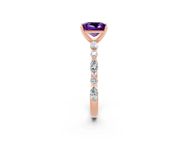 Rose gold Princess Cut Amethyst Ring with Marquise and Round  Side Stones and Four-Prong Setting