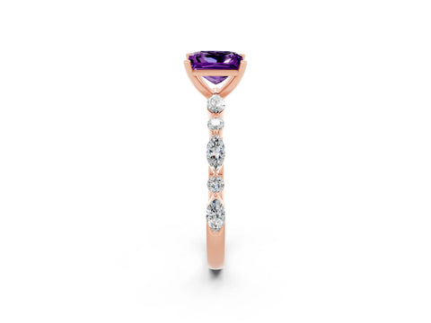 Rose gold Princess Cut Amethyst Solitaire with Side Stones on a Pavé Band and Four-Prong Setting_2