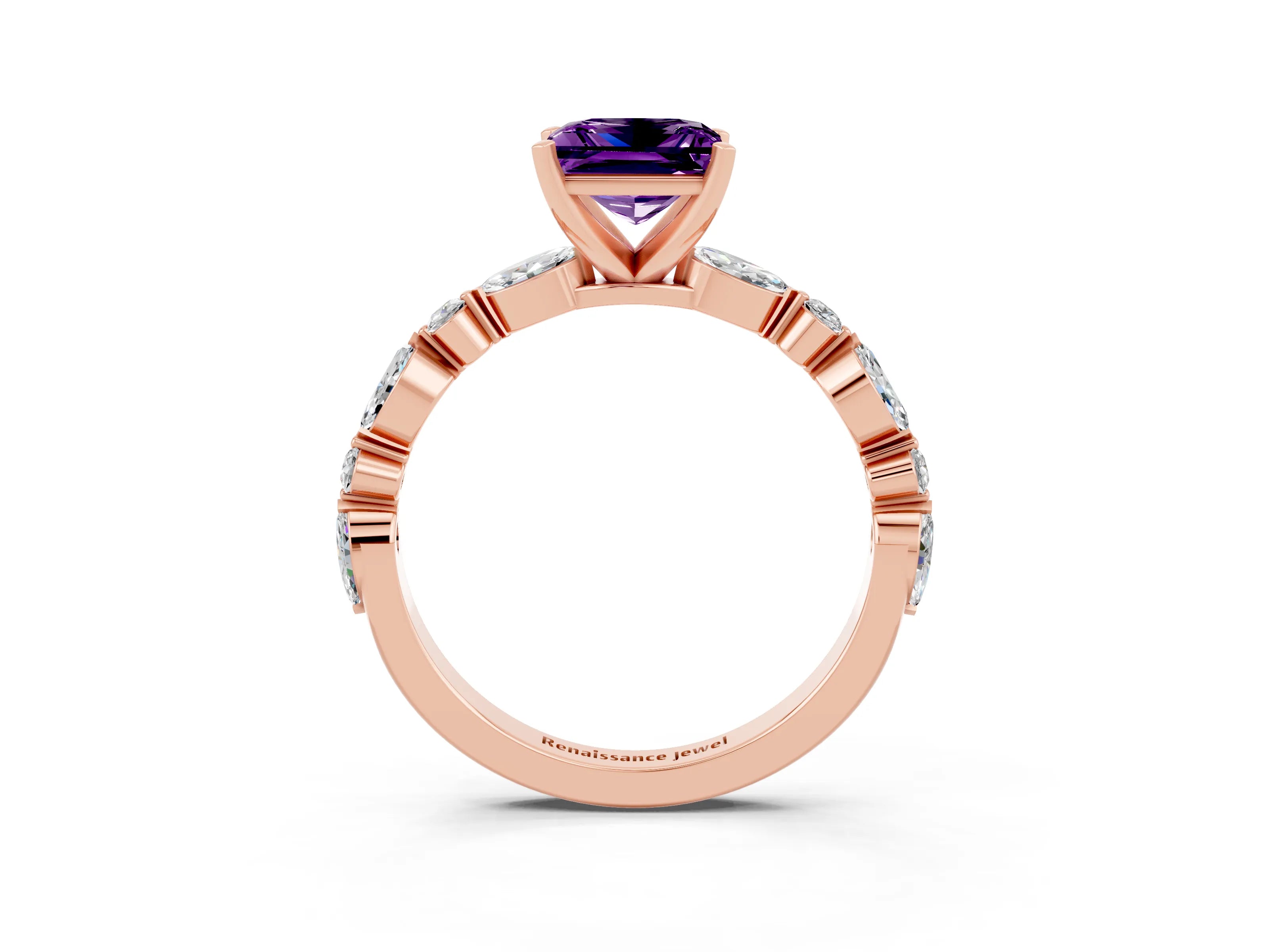 Rose gold Princess Cut Amethyst Solitaire with Side Stones on a Pavé Band and Four-Prong Setting_3