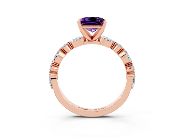 Rose gold Princess Cut Amethyst Ring with Marquise and Round  Side Stones and Four-Prong Setting