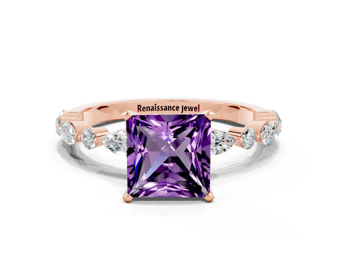 Rose gold Princess Cut Amethyst Solitaire with Side Stones on a Pavé Band and Four-Prong Setting