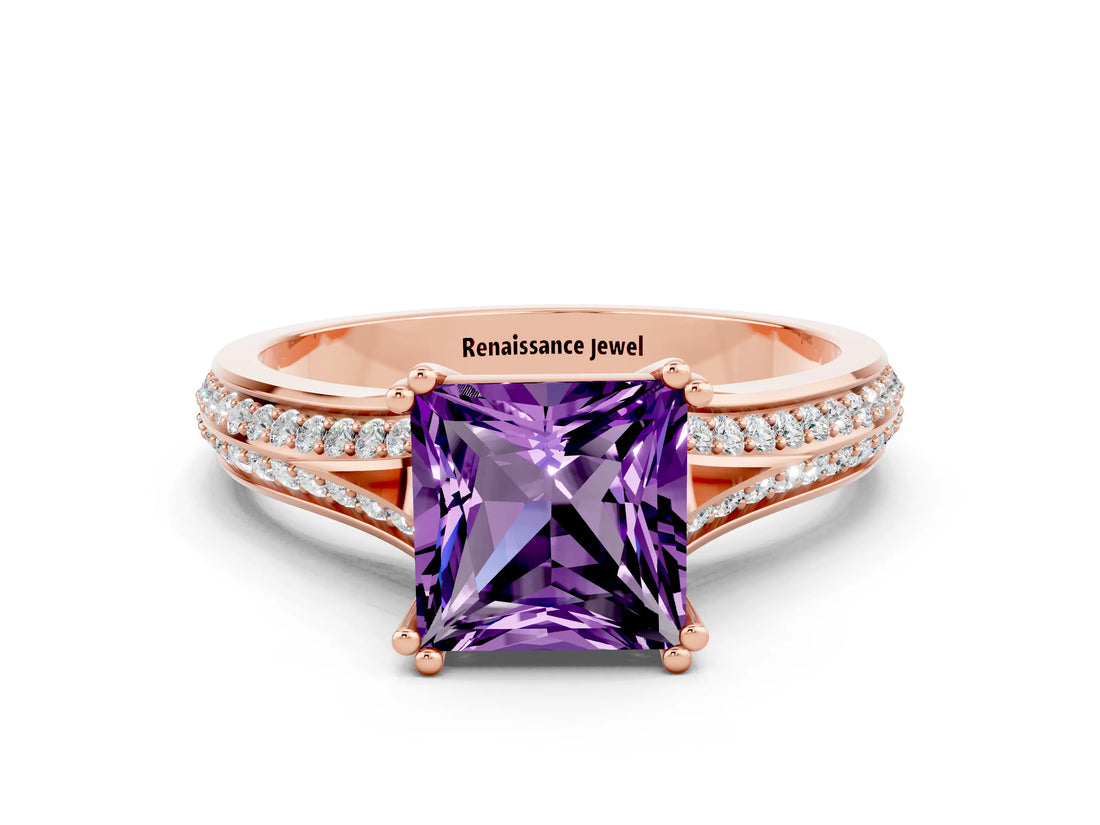 Rose gold Princess Cut Amethyst Split Shank Engagement Ring with Pavé Band
