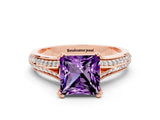 Rose gold Princess Cut Amethyst Split Shank Engagement Ring with Pavé Band