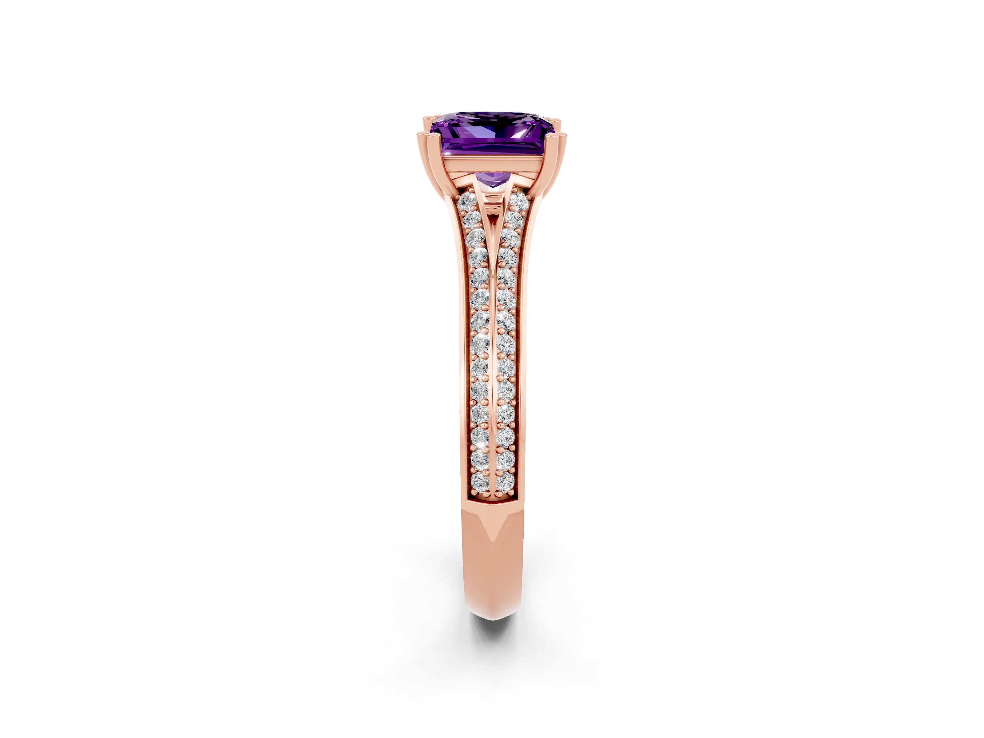 Rose gold Princess Cut Amethyst Split Shank Engagement Ring with Pavé Band_2