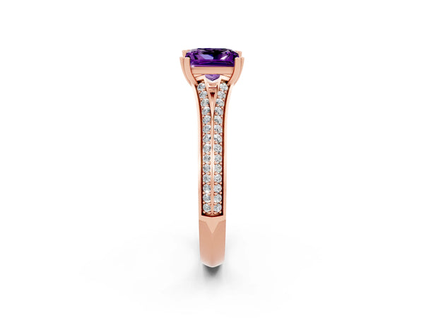 Rose gold Princess Cut Amethyst Split Shank Engagement Ring with Pavé Band