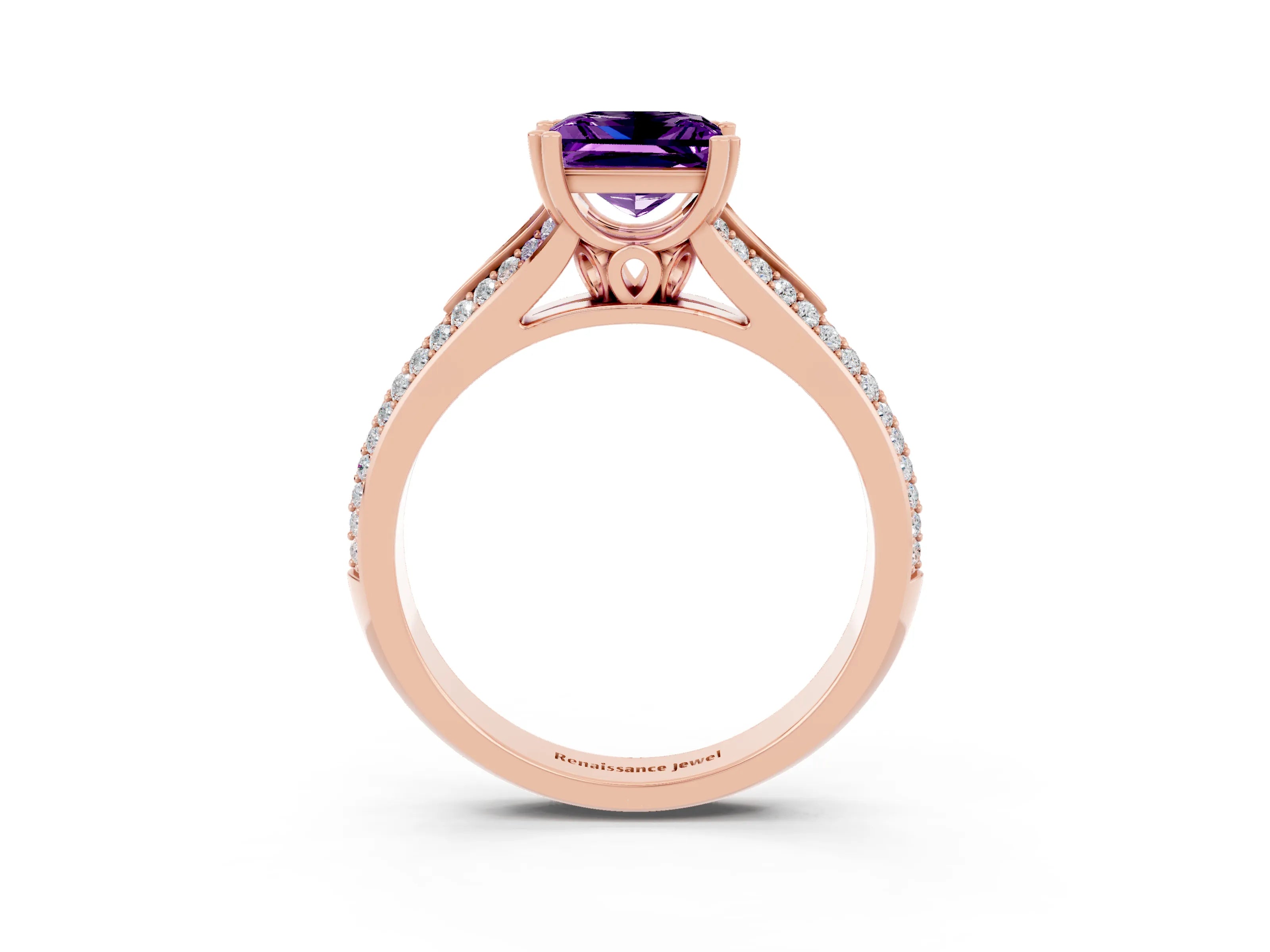 Rose gold Princess Cut Amethyst Split Shank Engagement Ring with Pavé Band_3