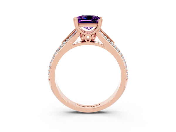 Rose gold Princess Cut Amethyst Split Shank Engagement Ring with Pavé Band