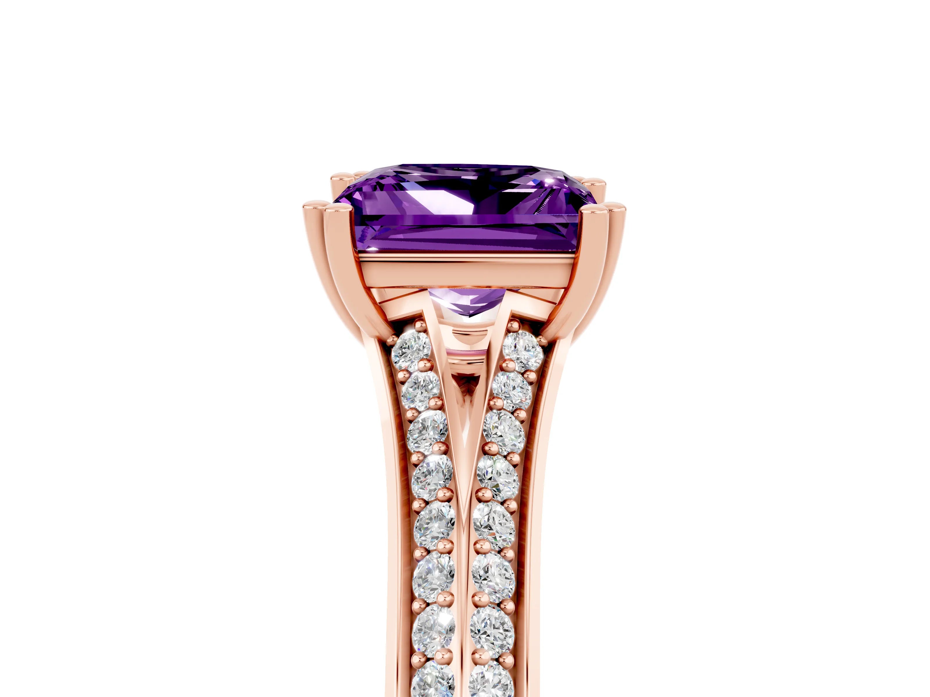 Rose gold Princess Cut Amethyst Split Shank Engagement Ring with Pavé Band_5