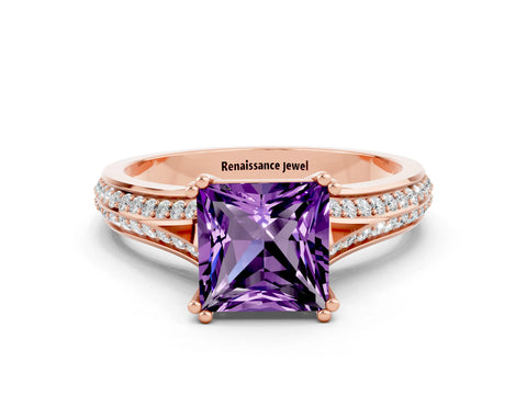Rose gold Princess Cut Amethyst Split Shank Engagement Ring with Pavé Band