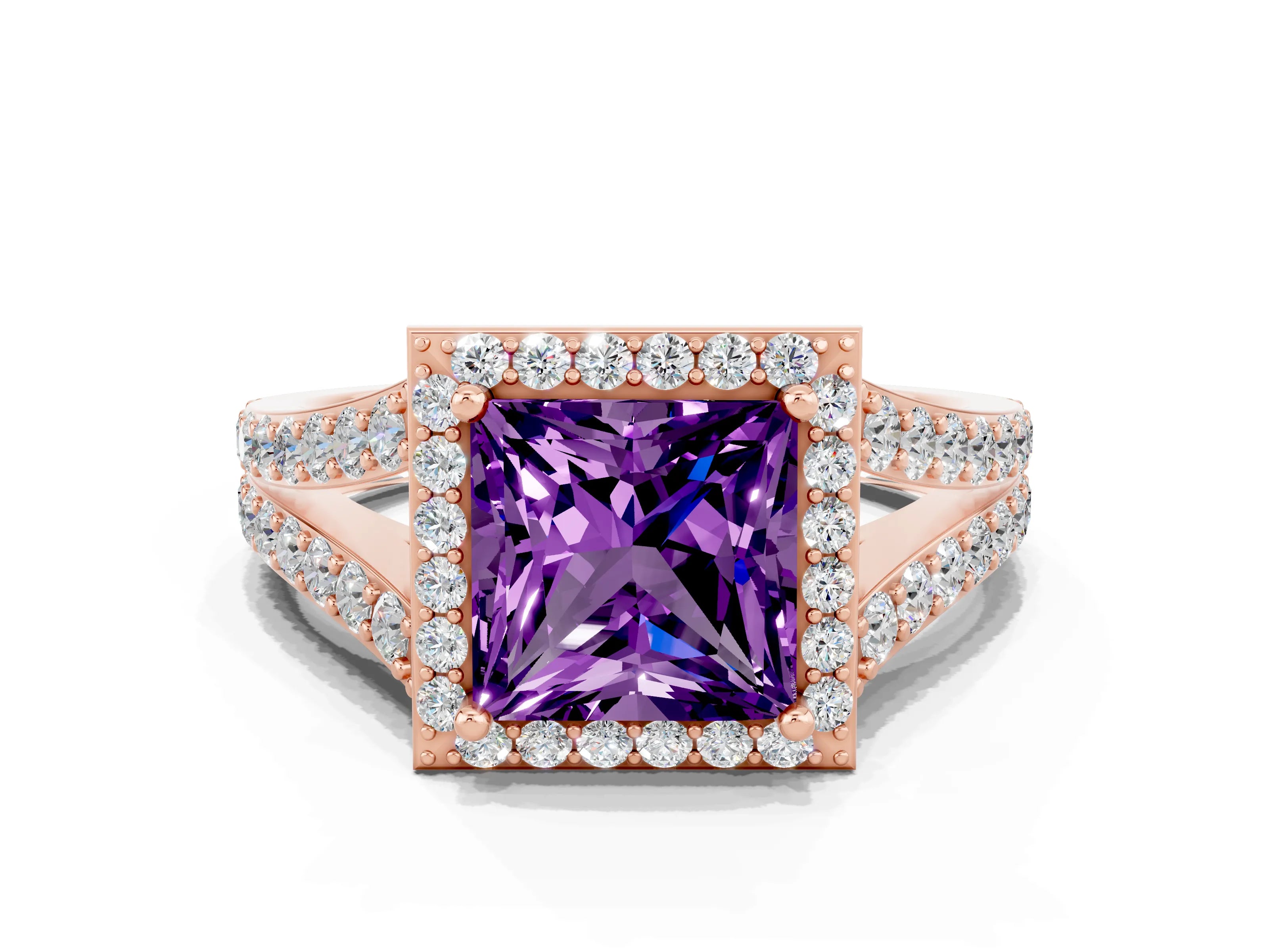 Rose gold Princess Cut Amethyst Split Shank Halo Ring with Four-Prong Setting_12