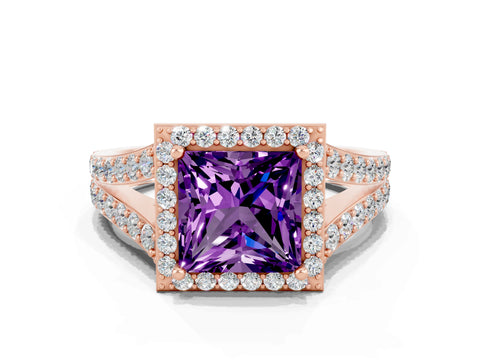 Rose gold Princess Cut Amethyst Split Shank Halo Ring with Four-Prong Setting_12