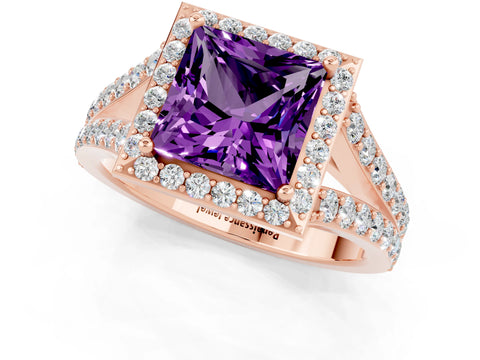 Rose gold Princess Cut Amethyst Split Shank Halo Ring with Four-Prong Setting_13