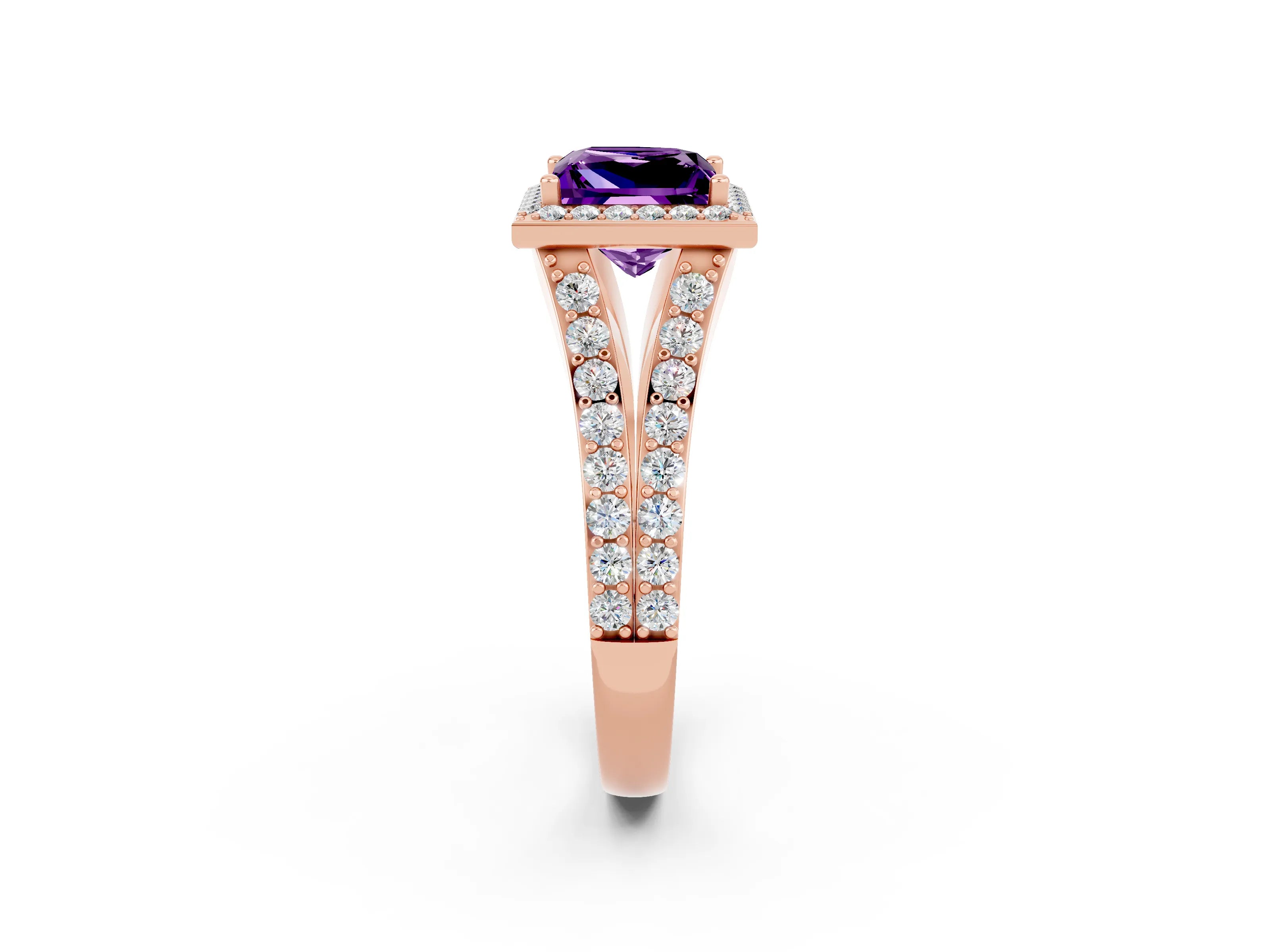 Rose gold Princess Cut Amethyst Split Shank Halo Ring with Four-Prong Setting_14