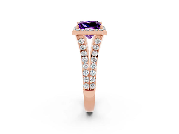 Rose gold Princess Cut Amethyst Split Shank Halo Ring with Four-Prong Setting