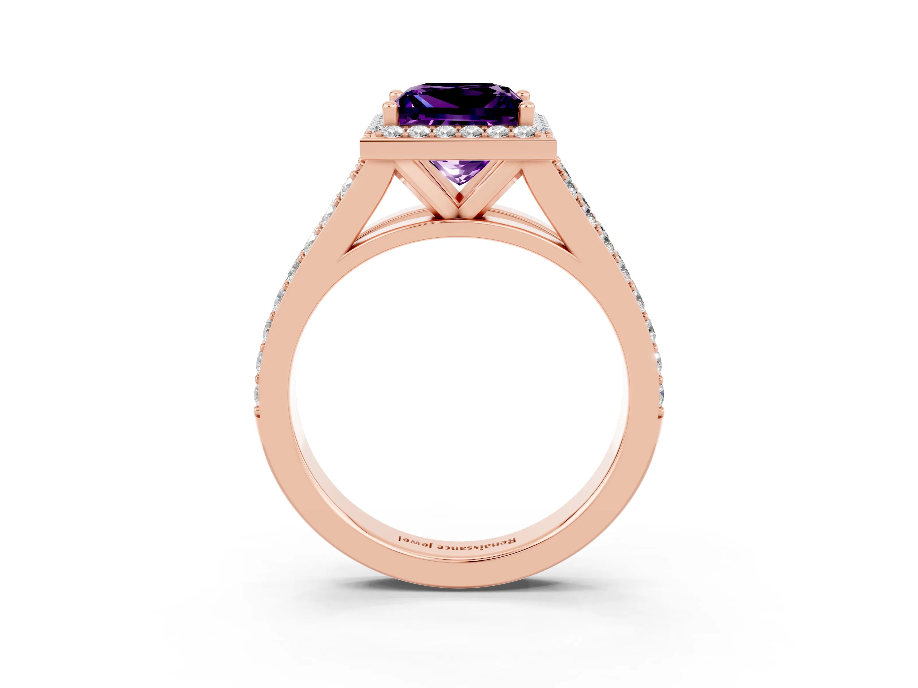 Rose gold Princess Cut Amethyst Split Shank Halo Ring with Four-Prong Setting_15