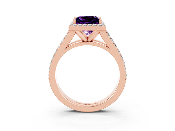 Rose gold Princess Cut Amethyst Split Shank Halo Ring with Four-Prong Setting
