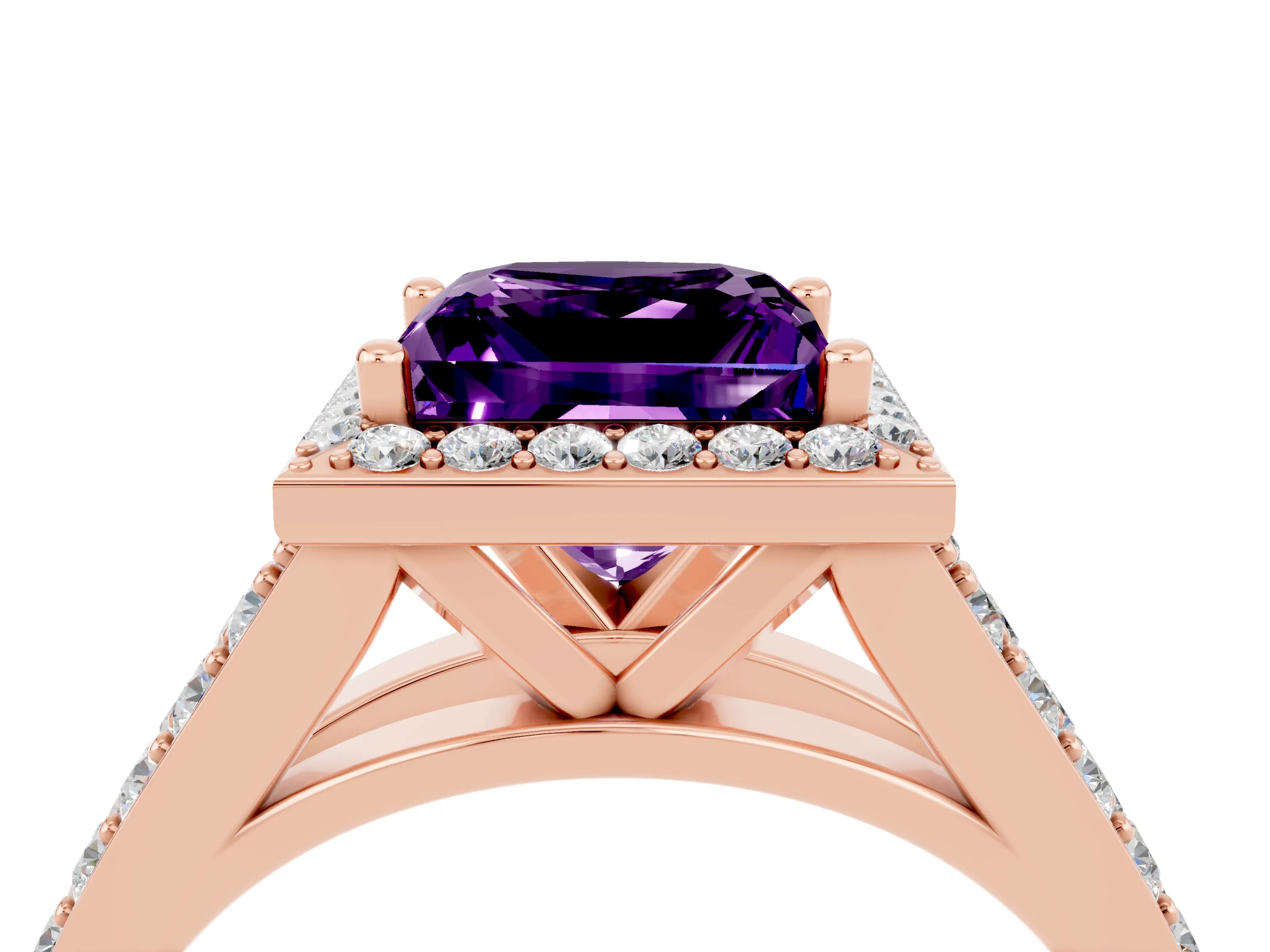 Rose gold Princess Cut Amethyst Split Shank Halo Ring with Four-Prong Setting_16