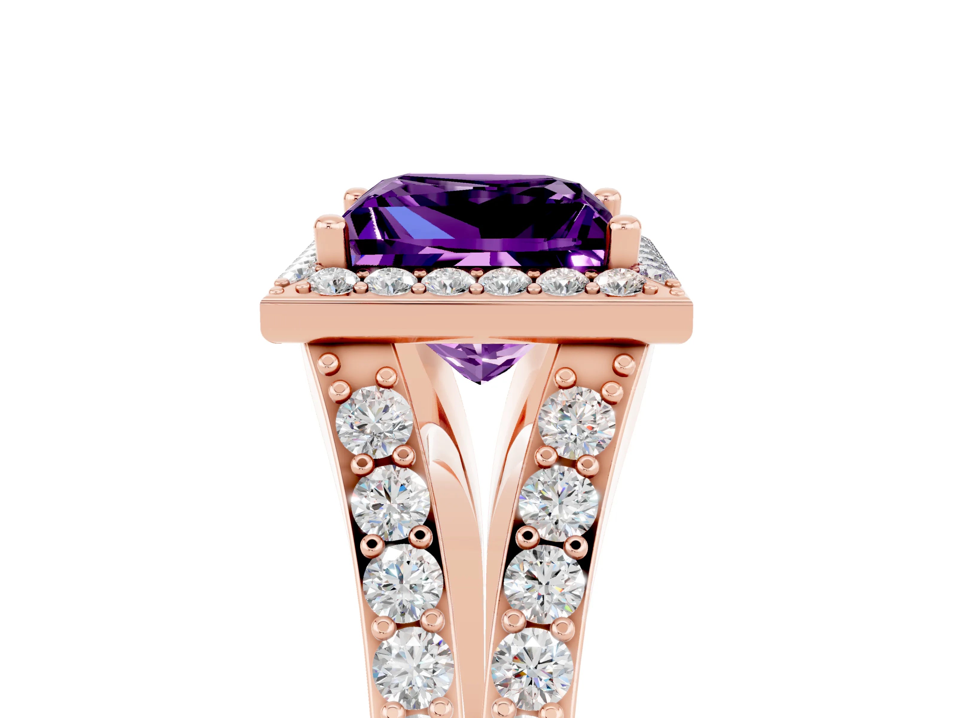 Rose gold Princess Cut Amethyst Split Shank Halo Ring with Four-Prong Setting_17