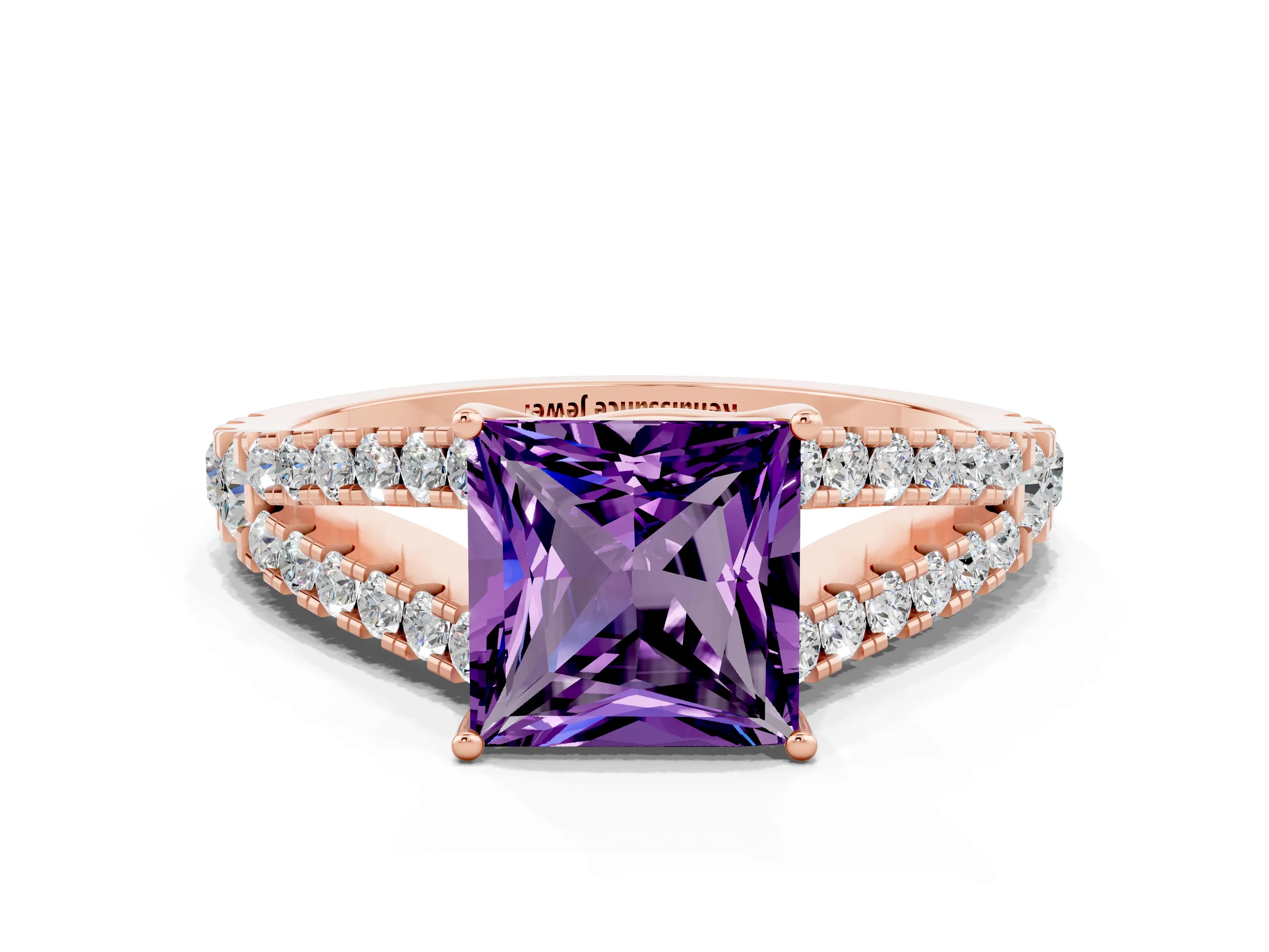 Rose gold Princess Cut Amethyst Split Shank Pavé Engagement Ring with Four-Prong Setting_12