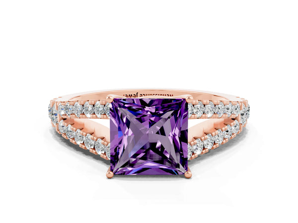 Rose gold Princess Cut Amethyst Split Shank Pavé Engagement Ring with Four-Prong Setting