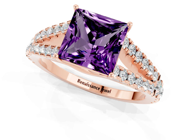 Rose gold Princess Cut Amethyst Split Shank Pavé Engagement Ring with Four-Prong Setting