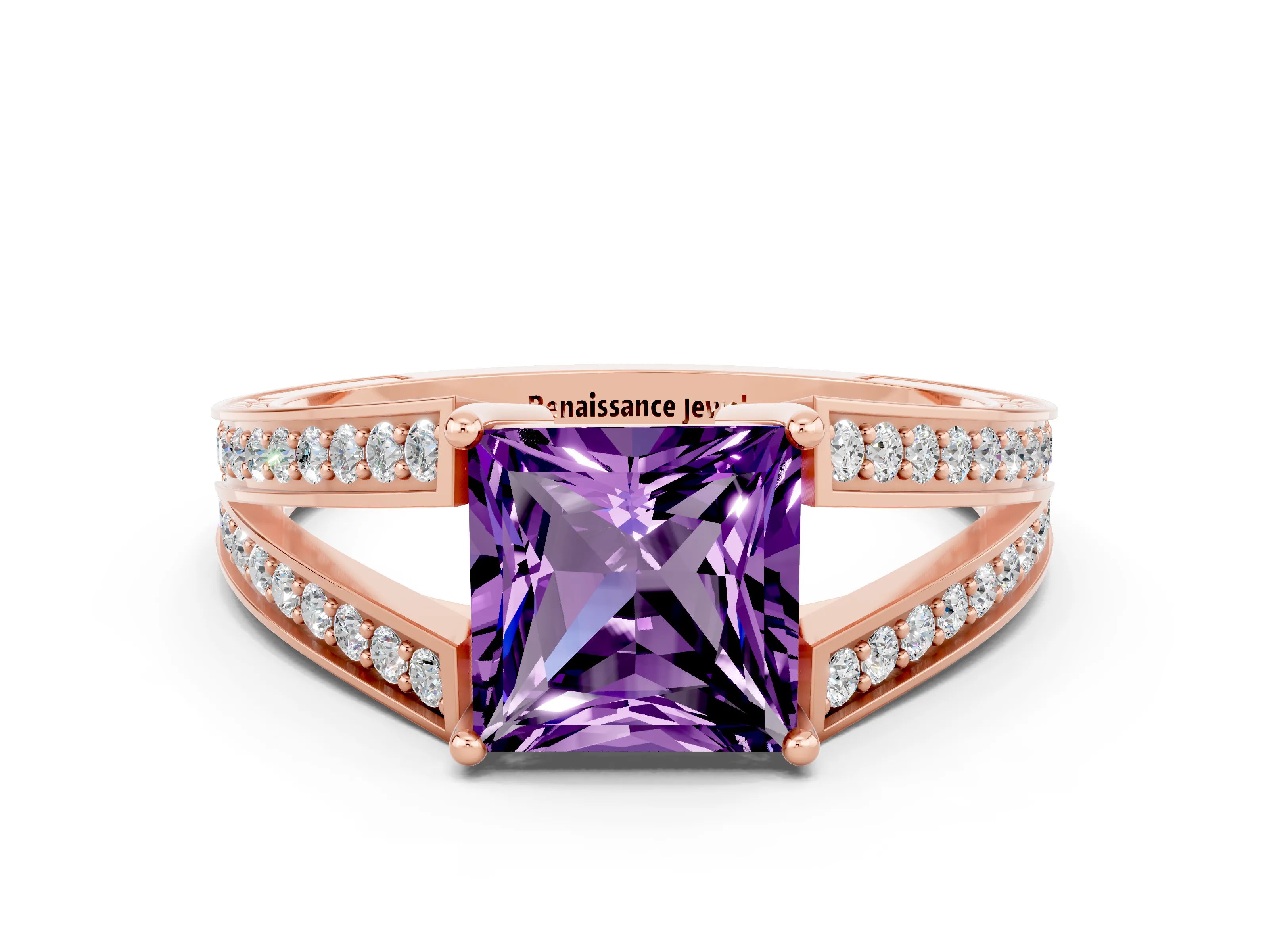 Rose gold Princess Cut Amethyst Split Shank Ring with Pavé Band and Four-Prong Setting