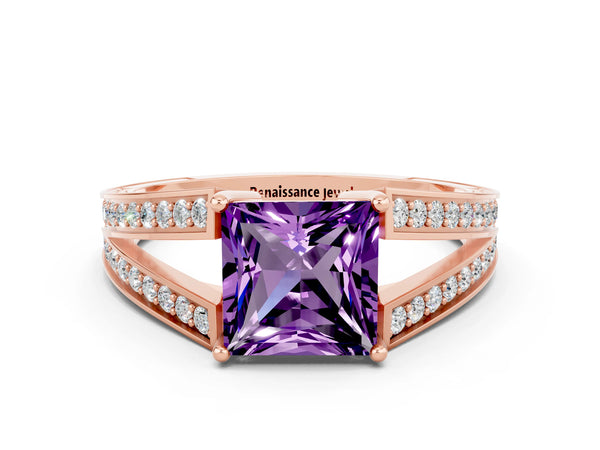 Rose gold Princess Cut Amethyst Split Shank Ring with Pavé Band and Four-Prong Setting