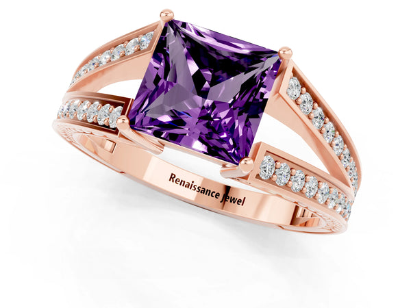 Rose gold Princess Cut Amethyst Split Shank Ring with Pavé Band and Four-Prong Setting