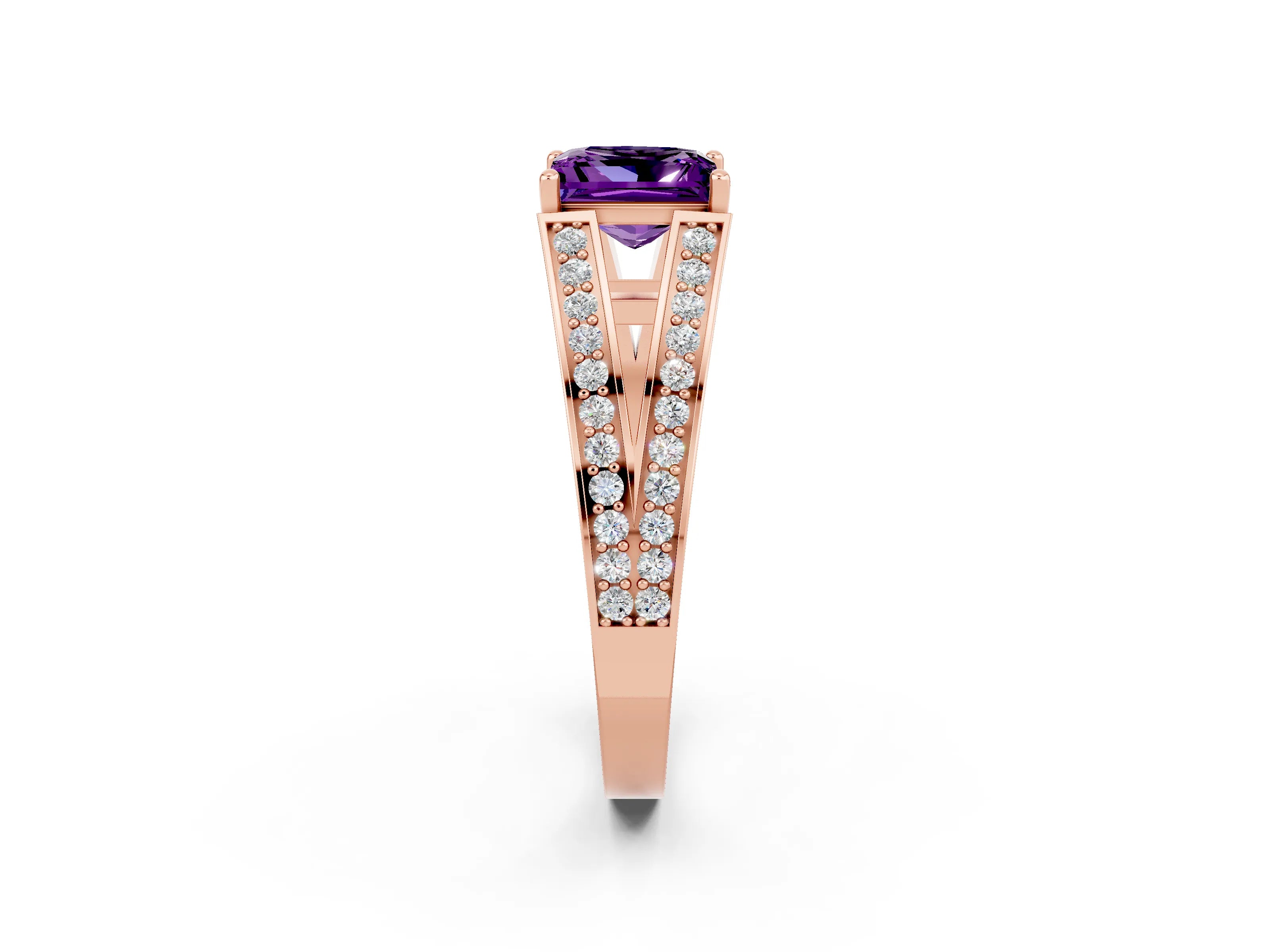 Rose gold Princess Cut Amethyst Split Shank Ring with Pavé Band and Four-Prong Setting_2