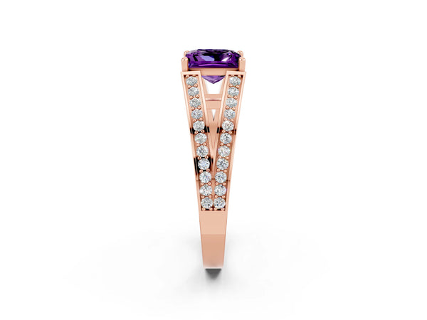 Rose gold Princess Cut Amethyst Split Shank Ring with Pavé Band and Four-Prong Setting