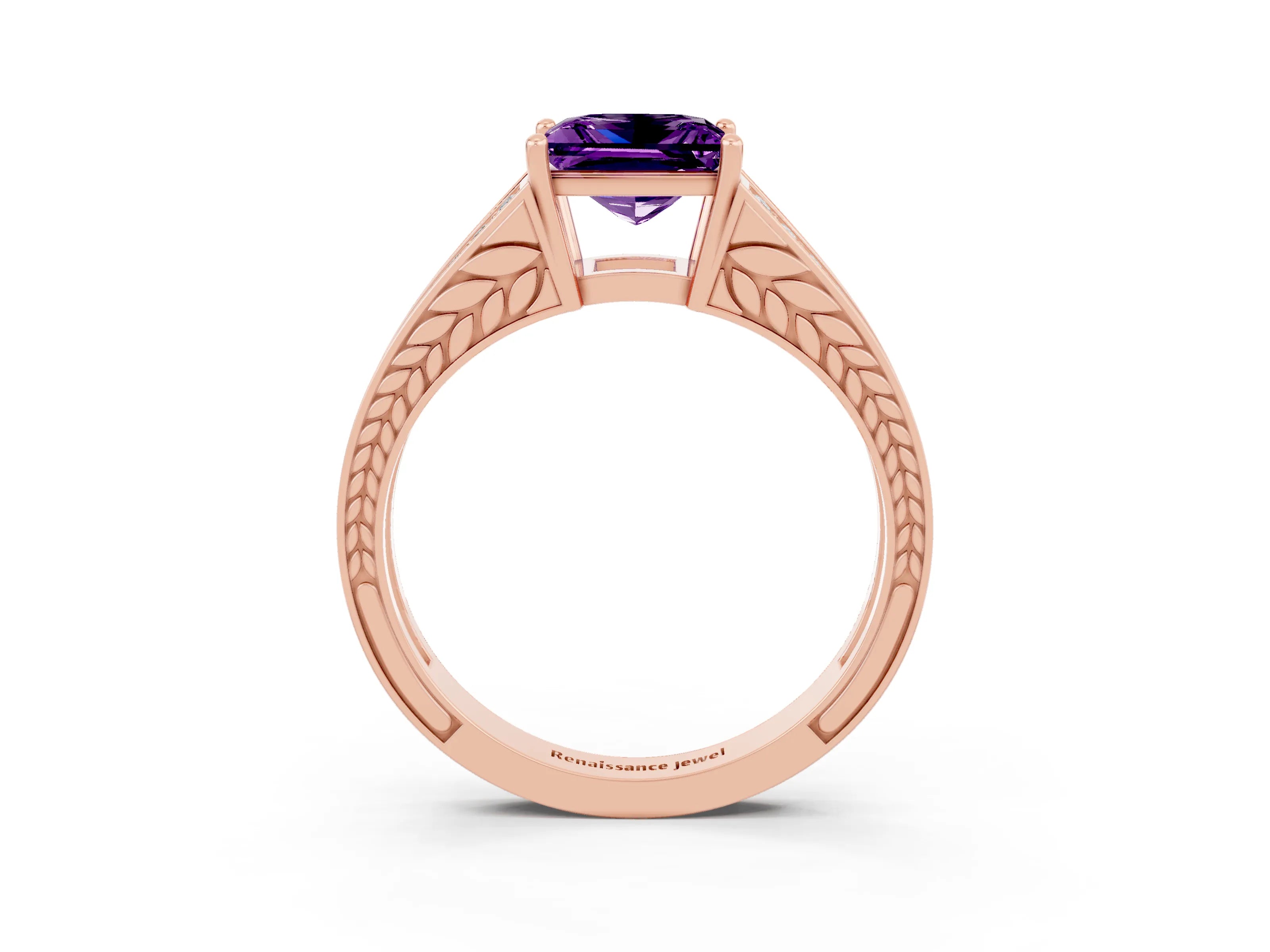 Rose gold Princess Cut Amethyst Split Shank Ring with Pavé Band and Four-Prong Setting_3