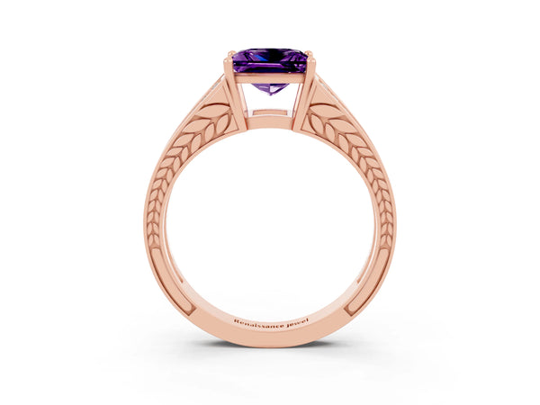 Rose gold Princess Cut Amethyst Split Shank Ring with Pavé Band and Four-Prong Setting