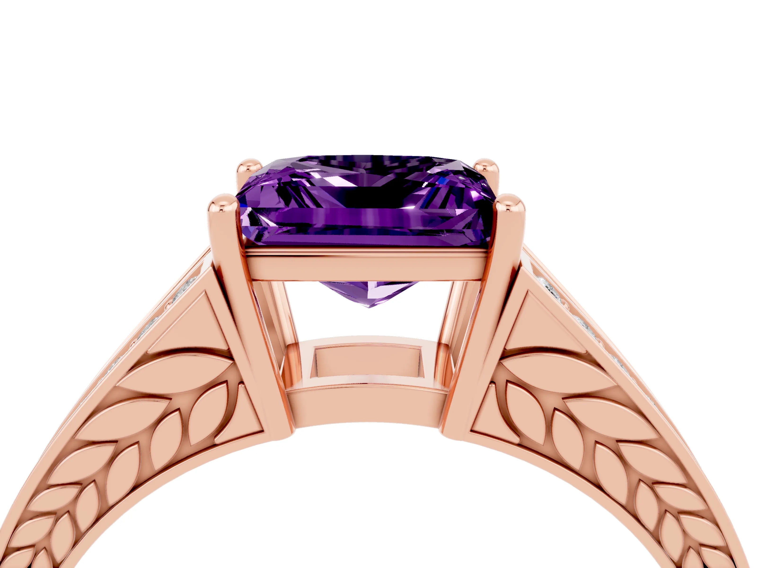Rose gold Princess Cut Amethyst Split Shank Ring with Pavé Band and Four-Prong Setting_4