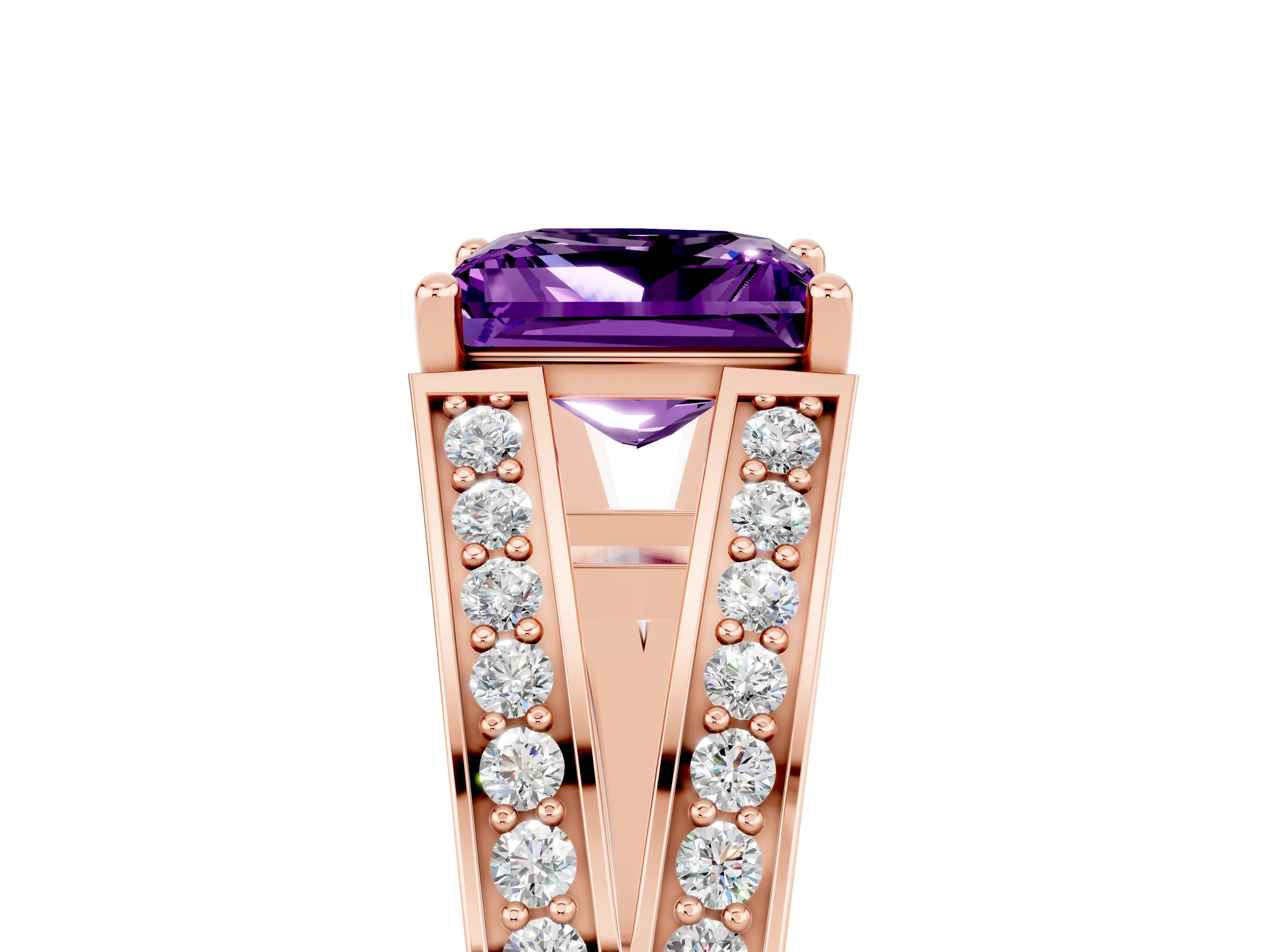 Rose gold Princess Cut Amethyst Split Shank Ring with Pavé Band and Four-Prong Setting_5