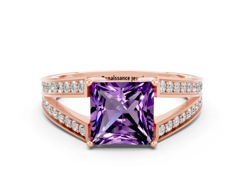 Rose gold Princess Cut Amethyst Split Shank Ring with Pavé Band and Four-Prong Setting