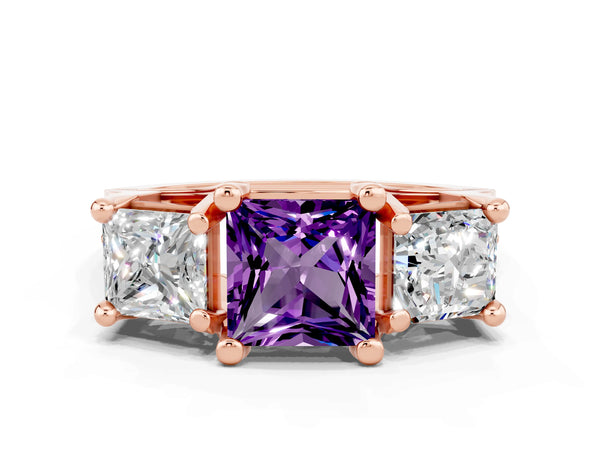 Rose gold Princess Cut Amethyst Three-Stone Ring with Channel Set Band and Four-Prong Setting
