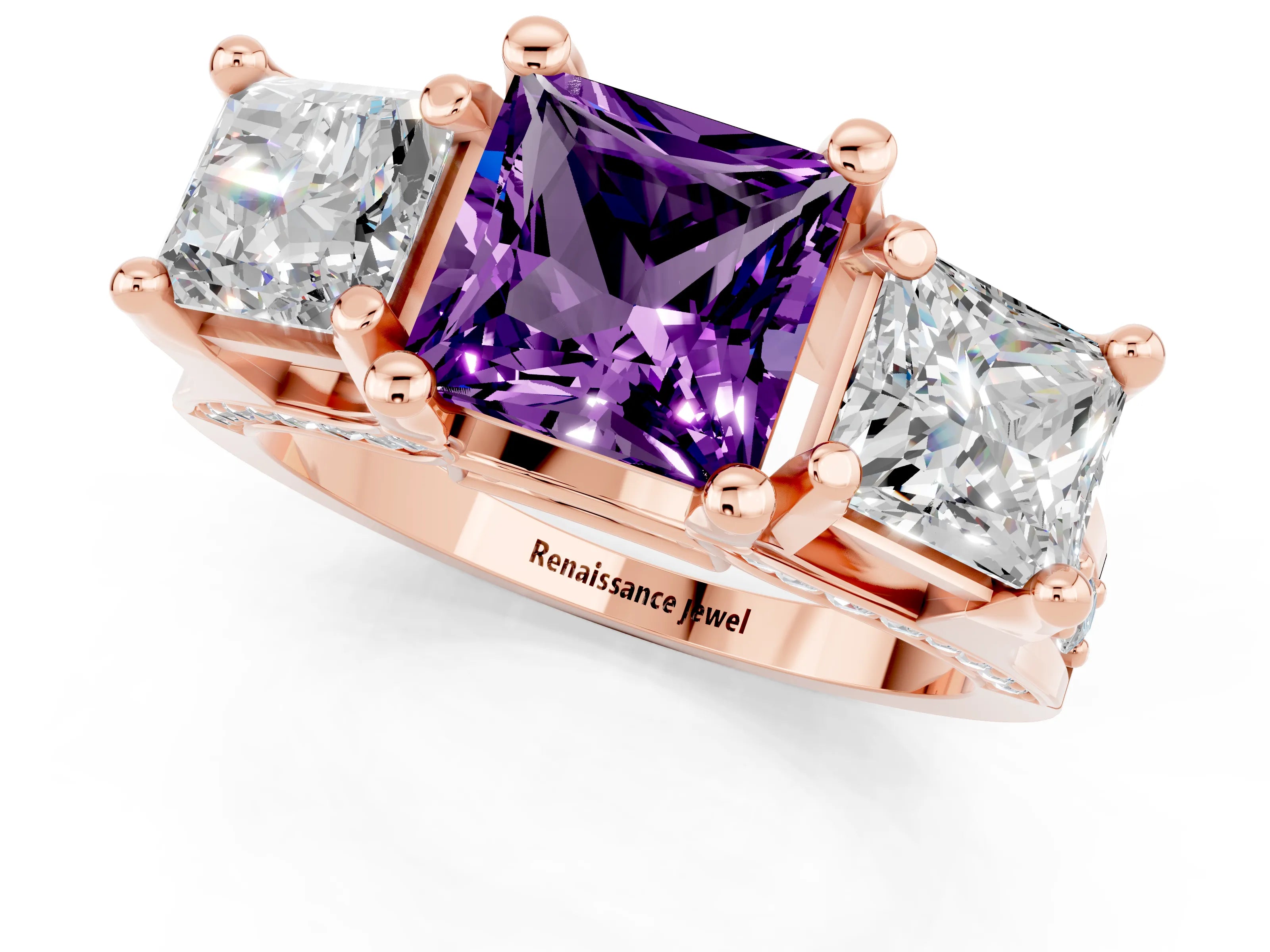 Rose gold Princess Cut Amethyst Three-Stone Ring with Channel Set Band and Four-Prong Setting_1