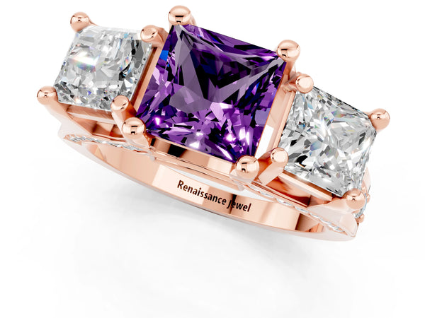 Rose gold Princess Cut Amethyst Three-Stone Ring with Channel Set Band and Four-Prong Setting
