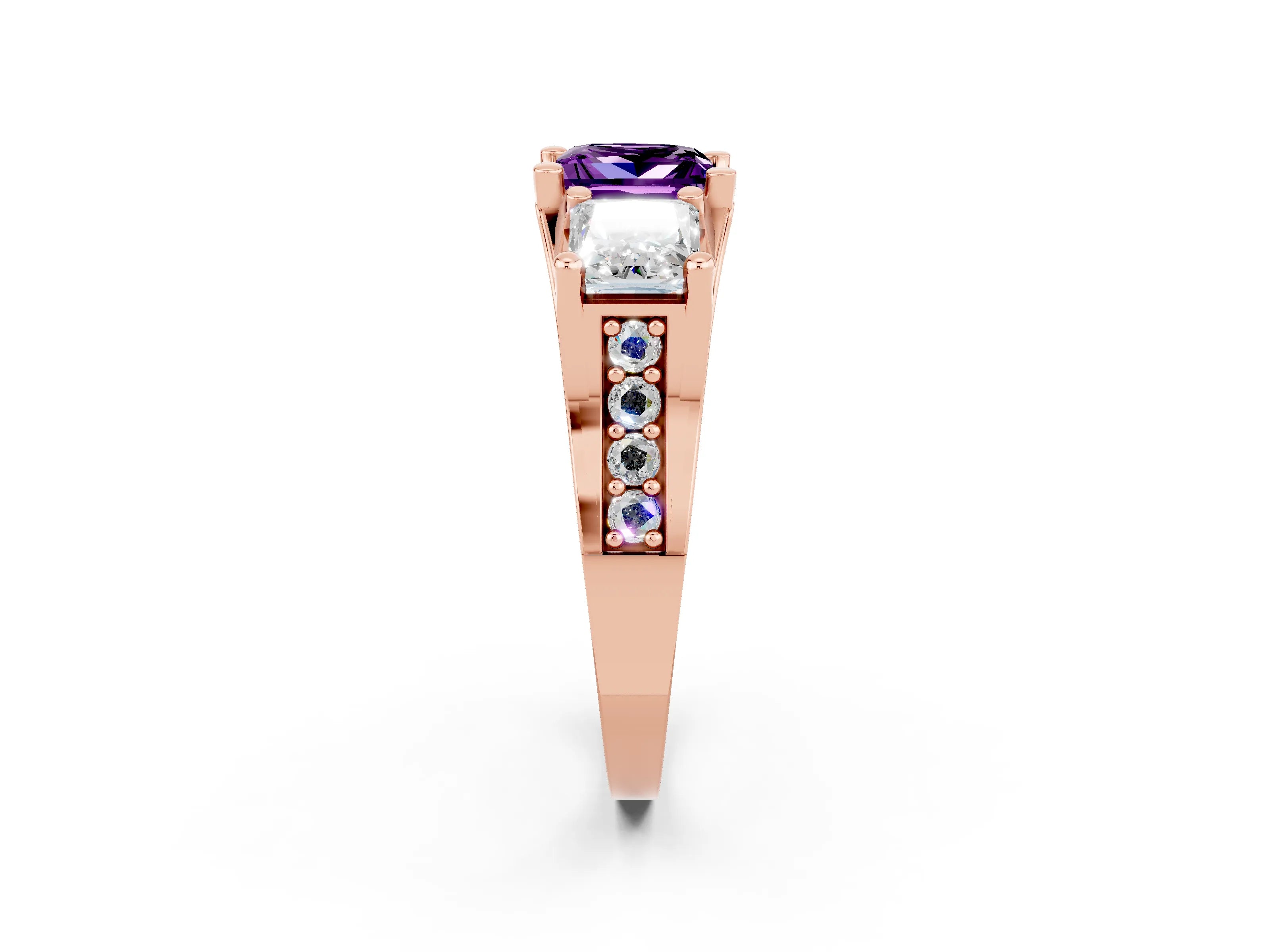 Rose gold Princess Cut Amethyst Three-Stone Ring with Channel Set Band and Four-Prong Setting_2