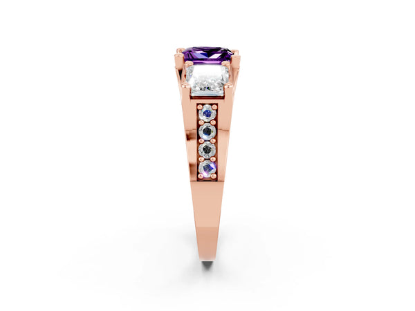 Rose gold Princess Cut Amethyst Three-Stone Ring with Channel Set Band and Four-Prong Setting