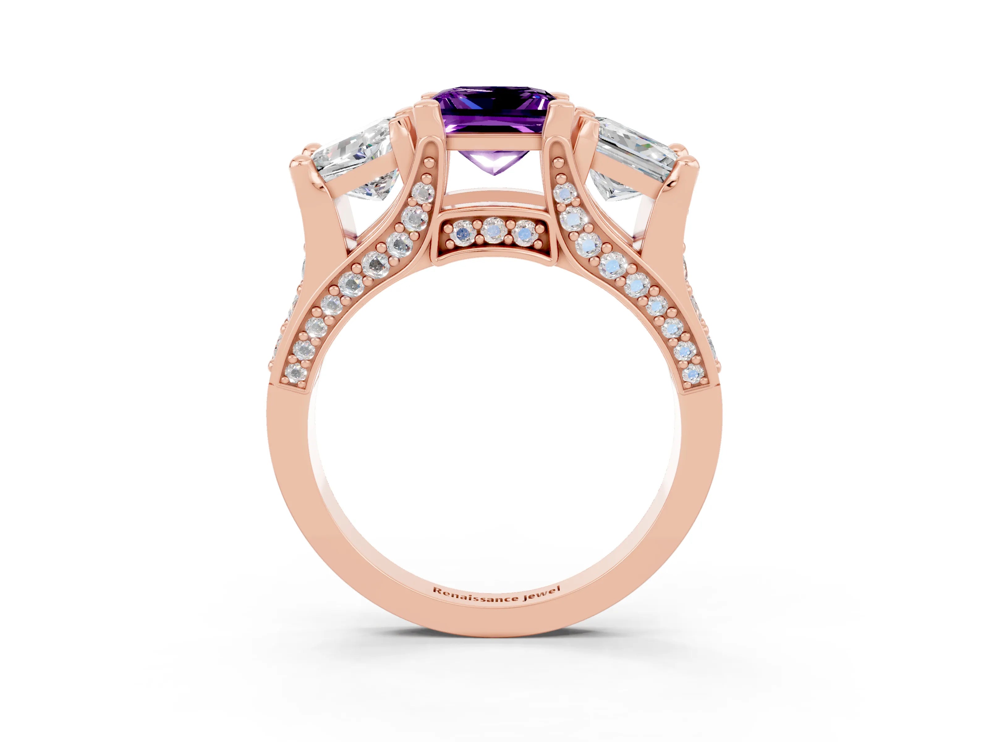 Rose gold Princess Cut Amethyst Three-Stone Ring with Channel Set Band and Four-Prong Setting_3