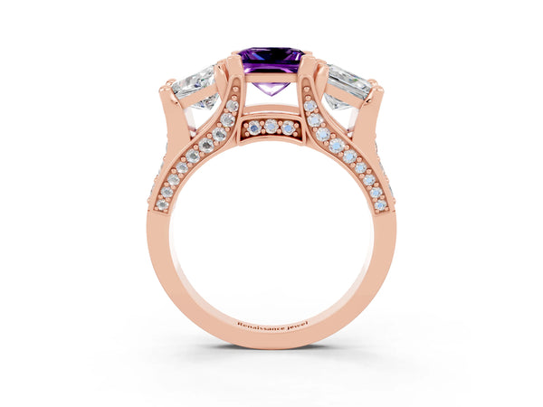 Rose gold Princess Cut Amethyst Three-Stone Ring with Channel Set Band and Four-Prong Setting