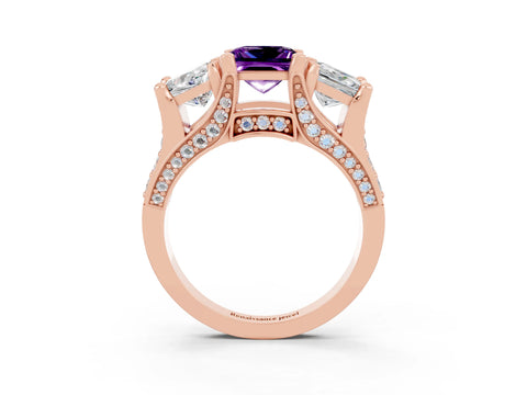 Rose gold Princess Cut Amethyst Three-Stone Ring with Channel Set Band and Four-Prong Setting_3