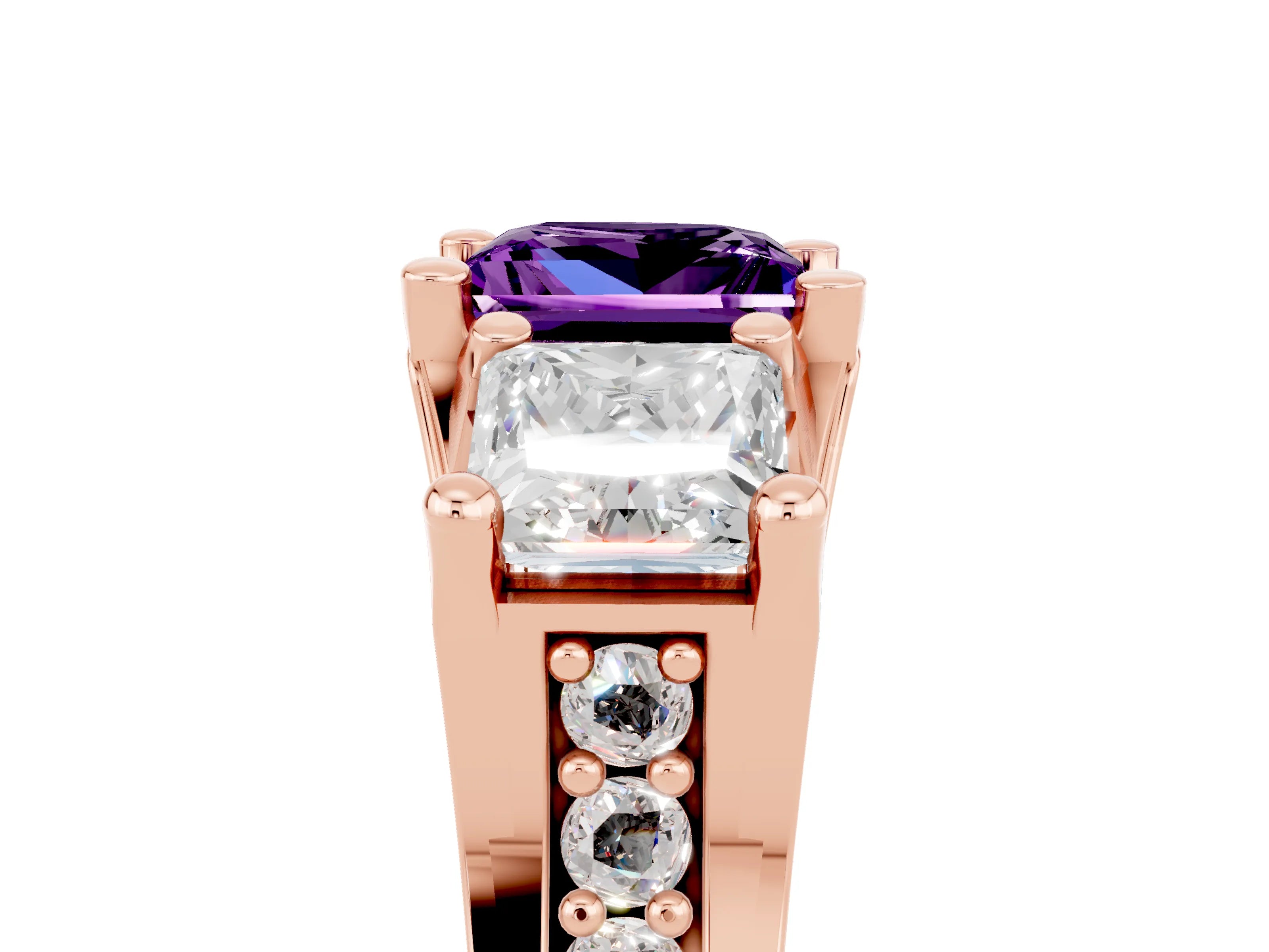 Rose gold Princess Cut Amethyst Three-Stone Ring with Channel Set Band and Four-Prong Setting_5