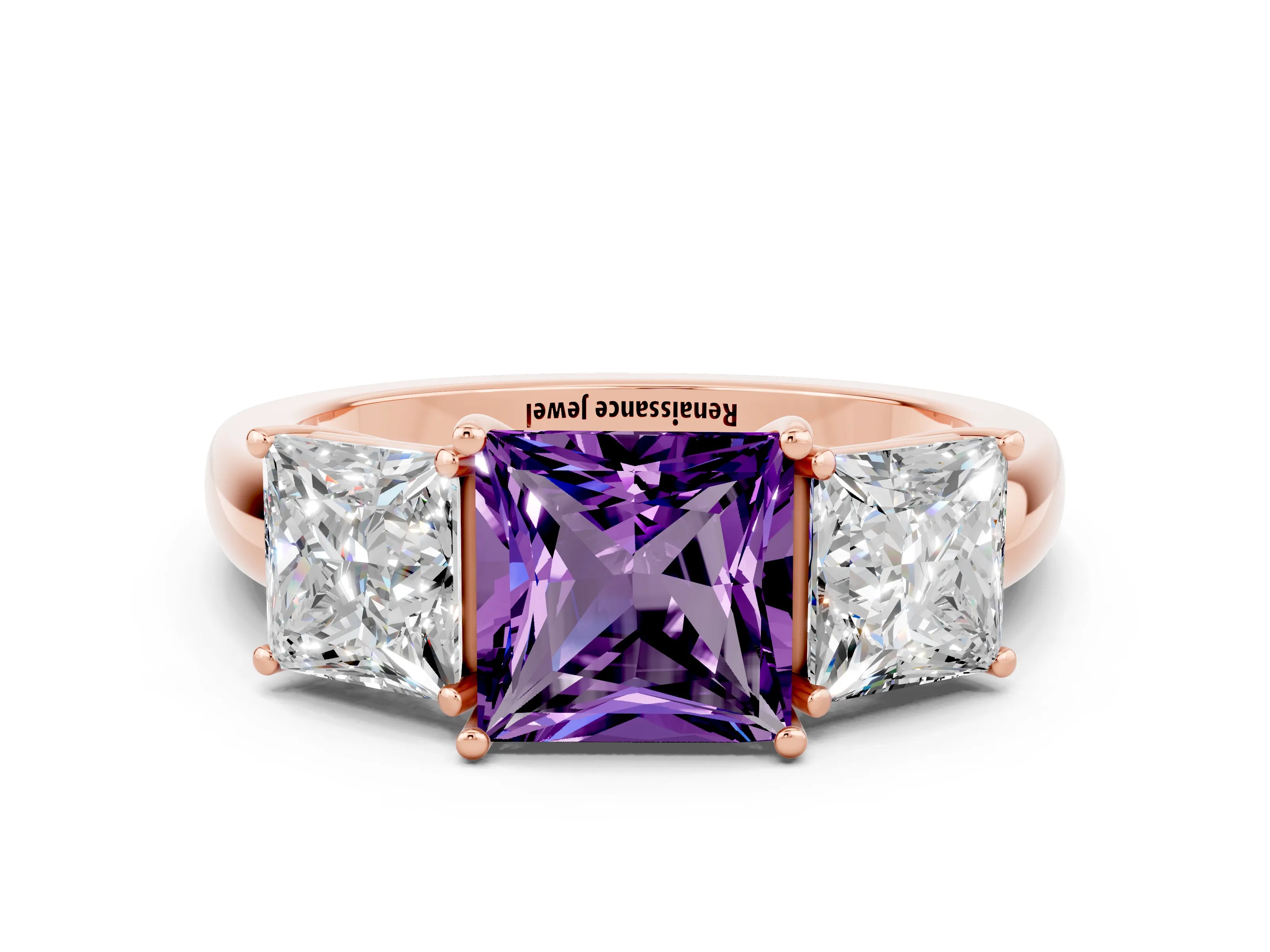 Rose gold Princess Cut Amethyst Three-Stone Ring with Four-Prong Setting and Classic Band