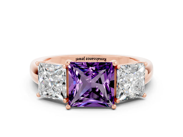 Rose gold Princess Cut Amethyst Three-Stone Ring with Four-Prong Setting and Classic Band